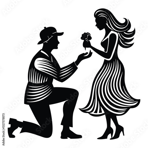 Proposal silhouette vector illustration, Silhouette of a romantic couple with a boy proposing to a girl holding a rose