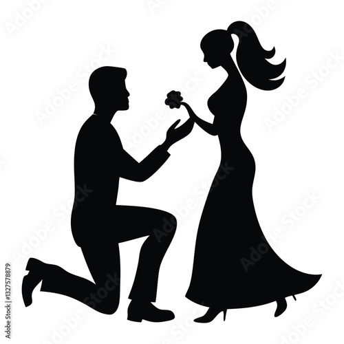 Proposal silhouette vector illustration, Silhouette of a romantic couple with a boy proposing to a girl holding a rose
