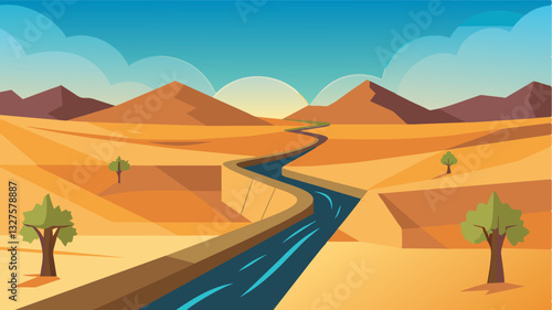 The oncethriving farmlands now resemble a desert with the driedup irrigation canal as its centerpiece.. Vector illustration