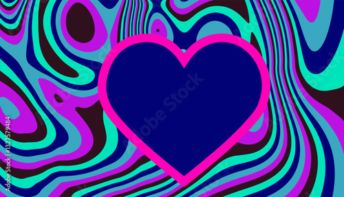 Psychedelic abstract background with swirling patterns in blue, purple, and green. A bold black heart outlined in bright pink is centered, creating a striking focal point.