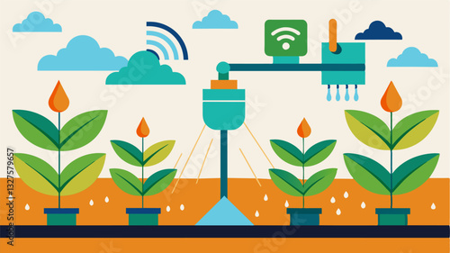 The combination of soil moisture sensors and automated irrigation ensures plants receive just the right amount of water avoiding over or underwatering.. Vector illustration