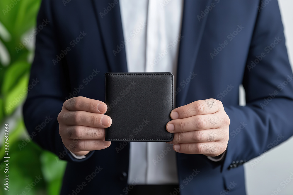 Man in suit holds a black wallet in front of leafy background during office setting Man in suit holds a black wallet in front of leafy background during office setting
