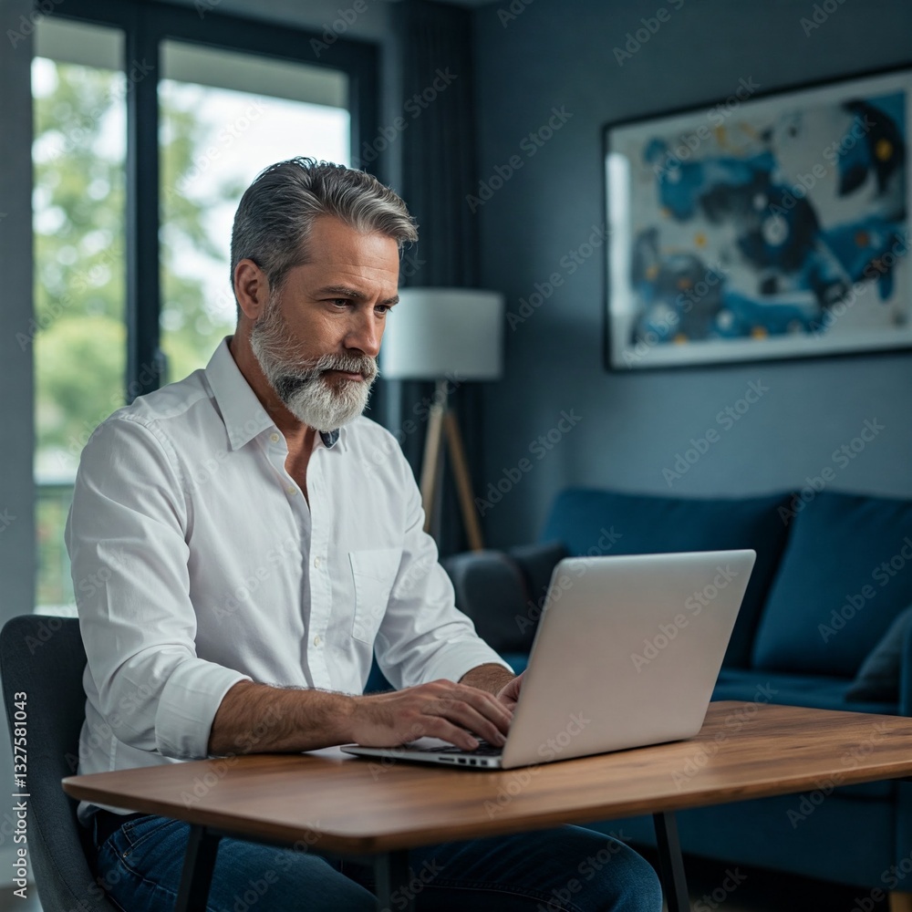 Fototapeta premium Portrait of a handsome man using a laptop in a bright and organized home office environment