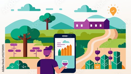 The digital vineyard management system can also be accessed via a mobile app giving farmers the flexibility to manage and monitor their vineyard from anywhere at any time.. Vector illustration