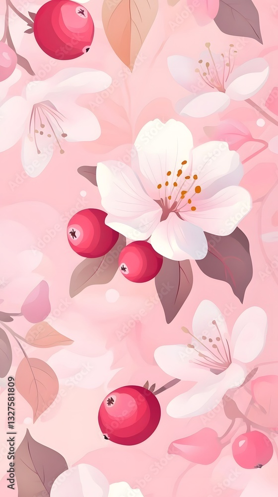 Delicate Floral Bloom: A captivating display of blossoms and berries in soft pastel hues, perfect for adding a touch of natural elegance. Delicate Floral Bloom: A captivating display of blossoms and berries in soft pastel hues, perfect for adding a touch of natural elegance.