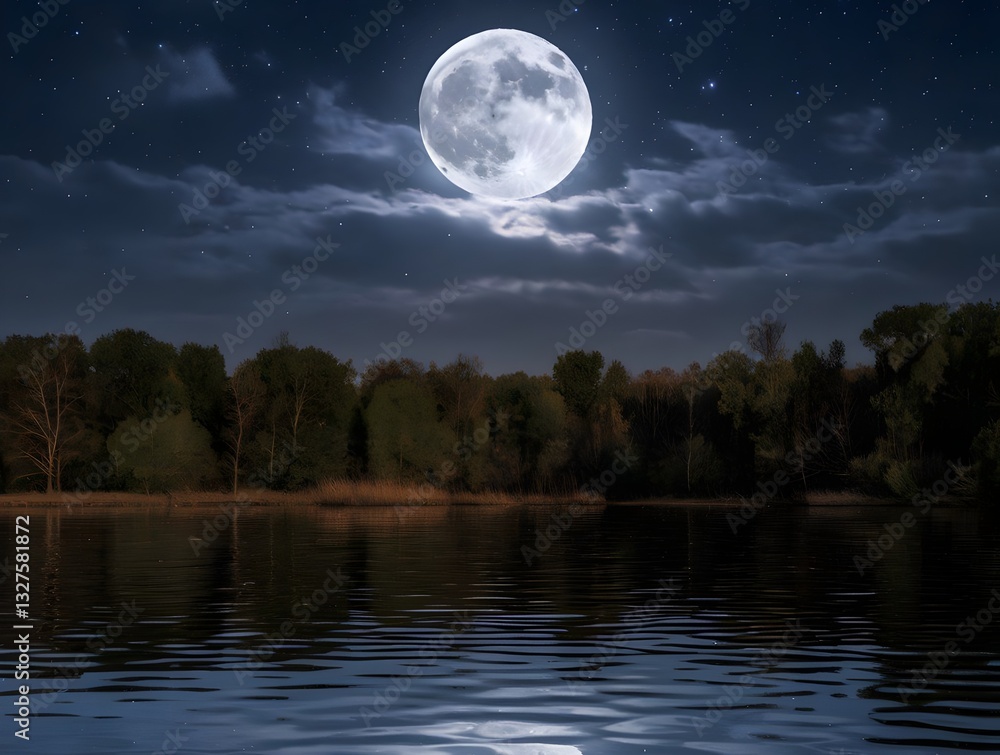 Fototapeta premium scene depicts a serene lake with a large moon hanging low in sky casting a beautiful reflection on water's surface
