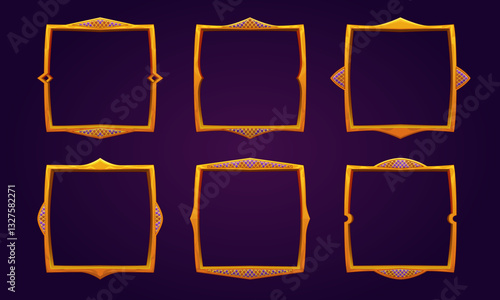 Set of cartoon style frames, gold engraving or wooden carved frame with mosaic pattern. Vector template of frame decorated with mosaic tiles. Square vintage frame for avatar, item, place text.