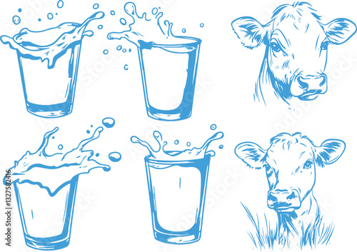 set of hand-drawn sketch of milk glasses and cows