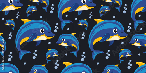 Cute blue and yellow dolphins swimming underwater with bubbles pattern on dark background. Charm sea animal illustration in vector kids-friendly style. For cartoon characters, books, postcards.
