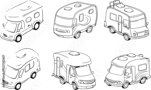 set of hand-drawn sketch of campers