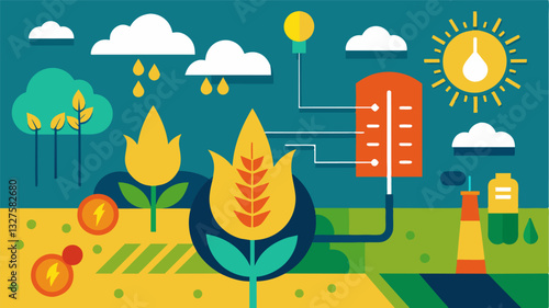 The use of advanced meteorological models and algorithms allows for accurate predictions of temperature changes and heat stress on crops.. Vector illustration