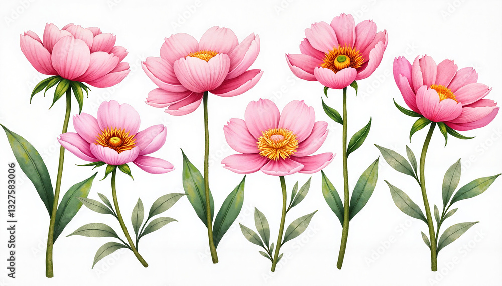 Fototapeta premium Hand-painted pink peony flowers on white background, botanical art
