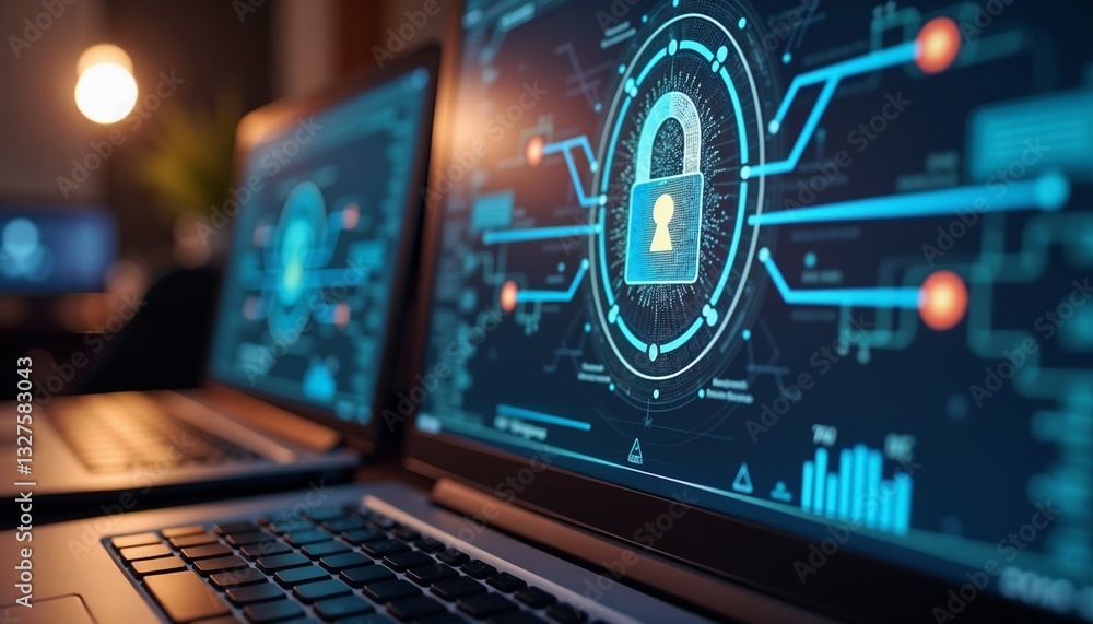 Fototapeta premium Digital security interface with padlock symbol displayed on laptops in low light setting
