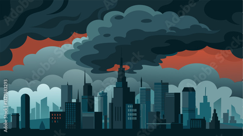 The ominous dark clouds that hung over the city skyline were a constant reminder of the turbulent times with economic turmoil and social unrest on the rise.. Vector illustration