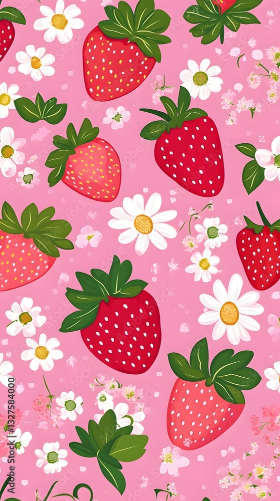 Strawberry Daisy Delight: A vibrant, artistic pattern featuring juicy red strawberries and delicate daisy blossoms on a lively pink background. Strawberry Daisy Delight: A vibrant, artistic pattern featuring juicy red strawberries and delicate daisy blossoms on a lively pink background.