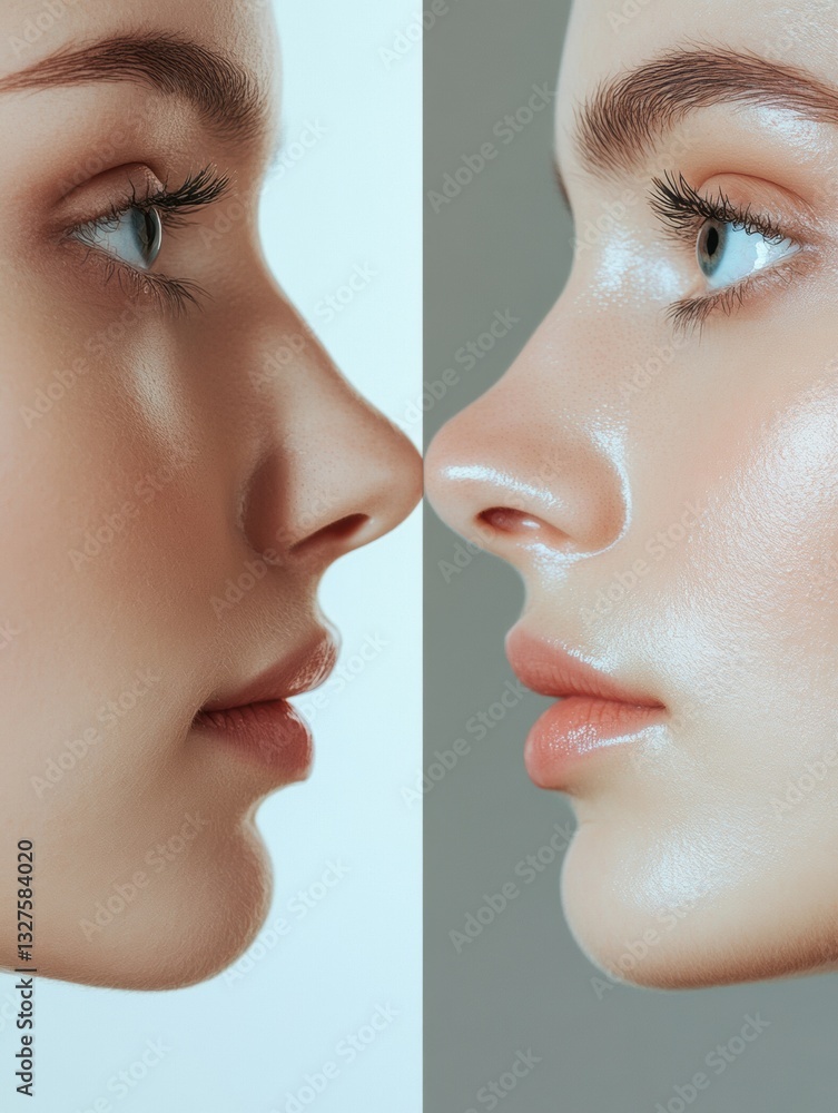 Obraz premium Comparison of rhinoplasty results showing reshaped nose on the right side in Saint Petersburgs modern aesthetic style Generative AI