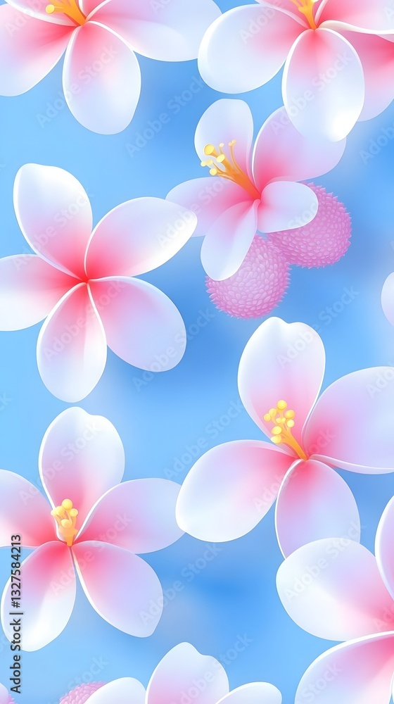 Blossoming Beauty: An eye-level shot captures an array of delicate pink and white flowers, set against a soft-focus blue backdrop, evoking a sense of serenity and the beauty of nature Blossoming Beauty: An eye-level shot captures an array of delicate pink and white flowers, set against a soft-focus blue backdrop, evoking a sense of serenity and the beauty of nature