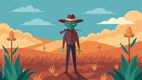 The scarecrow stood as a lone sentinel watching over the lifeless crops in the deserted field a testament to the failure of traditional farming practices.. Vector illustration