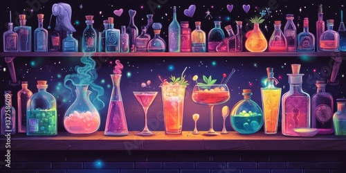 Colorful bottles and glasses are arranged on multiple shelves