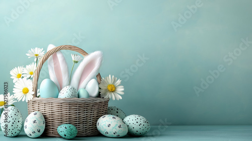 Wicker Easter basket with speckled eggs and bunny ears peeking out from the basket, surrounded by fresh white daisies on a pastel blue background. Horizontal, side view.