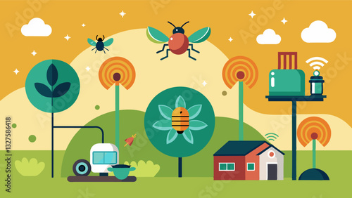 Thanks to IoT networks devices such as moisture sensors pheromone s and smart cameras can communicate with each other and alert farmers of potential pest infestations.. Vector illustration