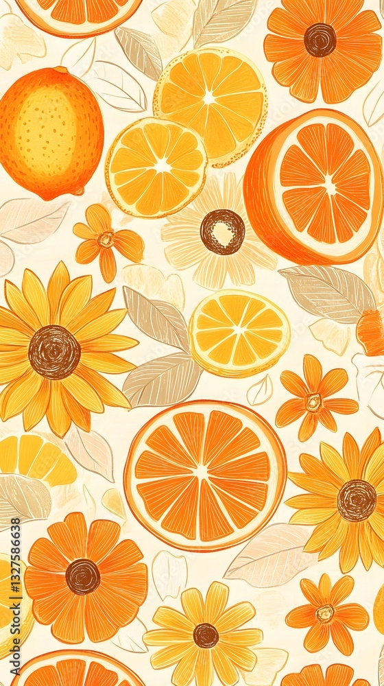 Zesty Citrus Floral Pattern: A vibrant seamless pattern features a delightful mix of citrus fruits (orange, lemon), and cheerful flowers (sunflowers). Zesty Citrus Floral Pattern: A vibrant seamless pattern features a delightful mix of citrus fruits (orange, lemon), and cheerful flowers (sunflowers).