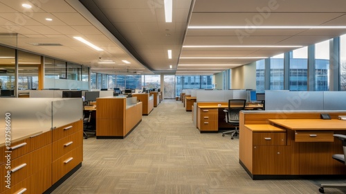 Modern office space features open cubicles and large windows