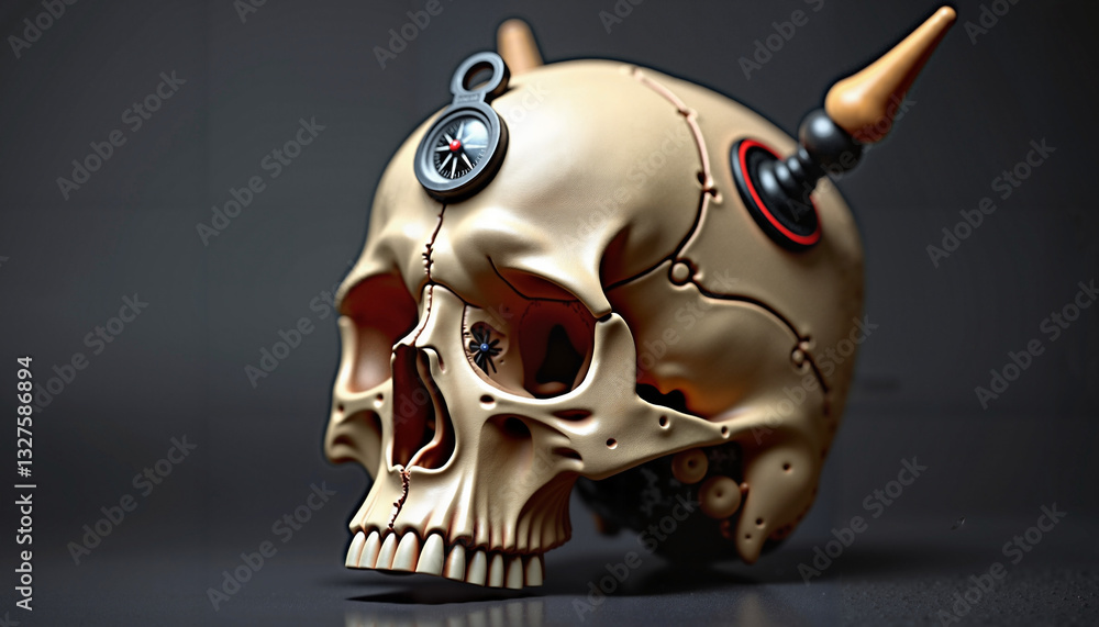 Mechanical skull with retro elements and embellishments on a dark background
Mechanical skull with retro elements and embellishments on a dark background