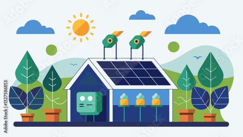 Solarpowered automated greenhouse systems provide the perfect environment for growing a variety of crops adjusting temperature humidity and lighting as needed.. Vector illustration