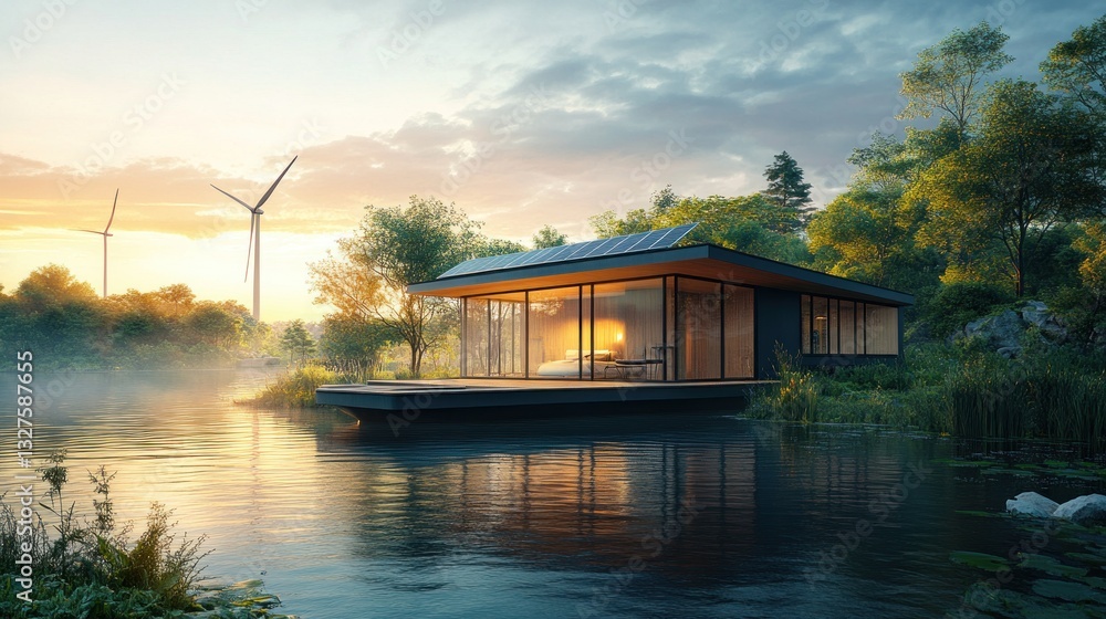 Modern eco-friendly cabin on a lake at sunset. Modern eco-friendly cabin on a lake at sunset.