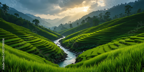 A breathtaking landscape of lush green terraced rice fields stretching across rolling hills. A gentle river flows through the valley, with small waterfalls adding to the serene beauty. 