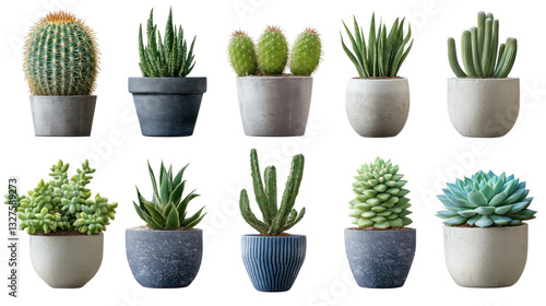 A vibrant display of various potted succulents and cacti arranged in a modern setting