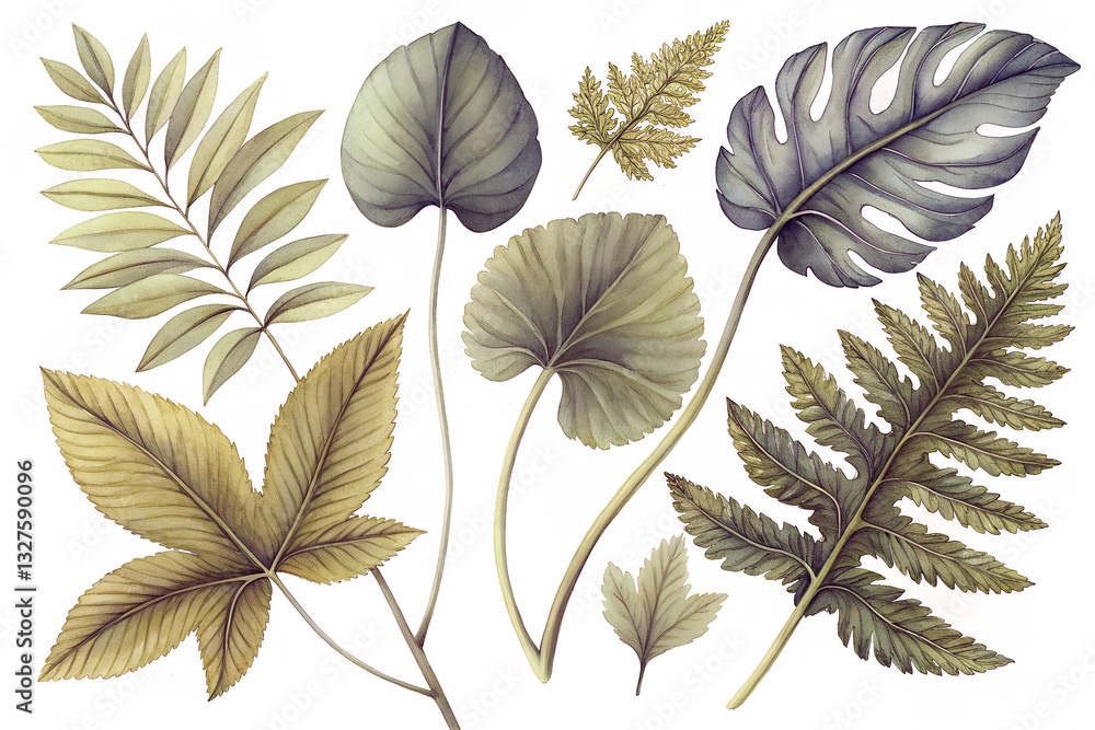 Fototapeta premium Seamless pattern of green leaves on white background, nature-inspired design for spring and summer seasons