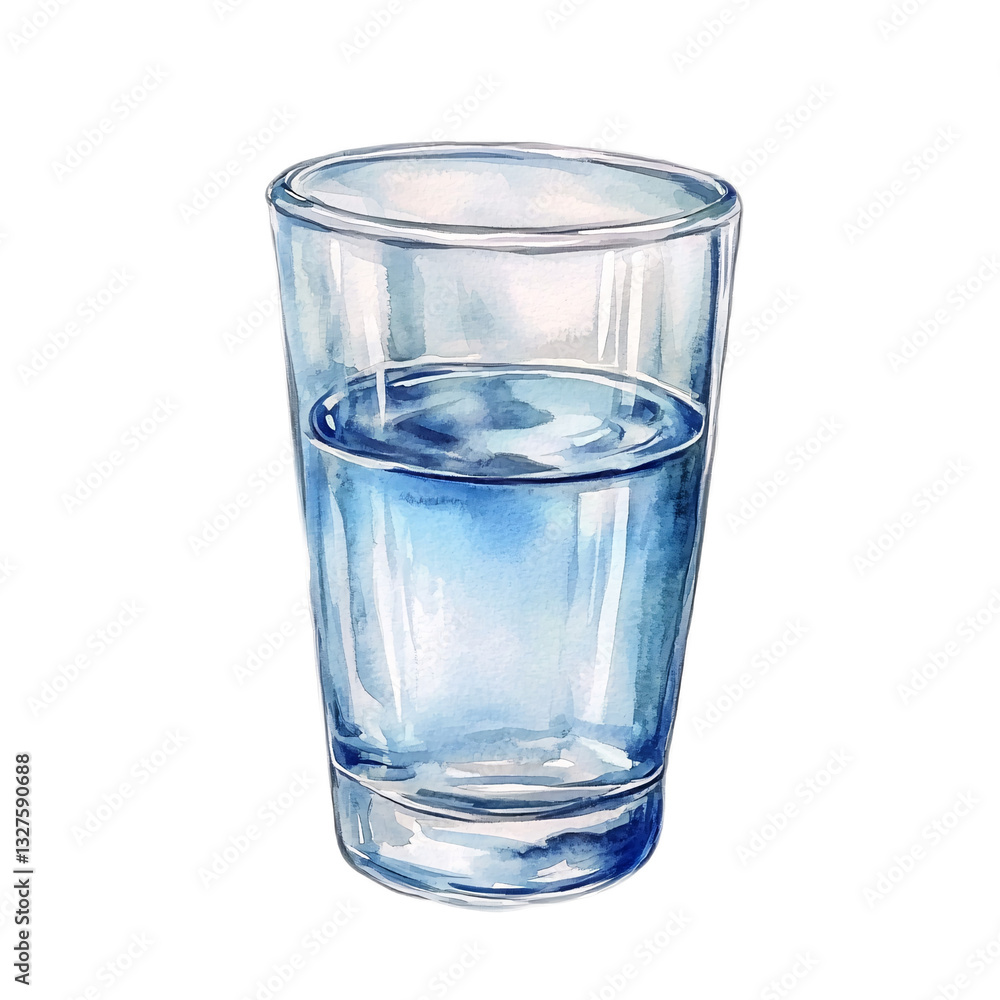 A watercolor depiction showcasing a transparent glass filled with clear, refreshing water. A watercolor depiction showcasing a transparent glass filled with clear, refreshing water.