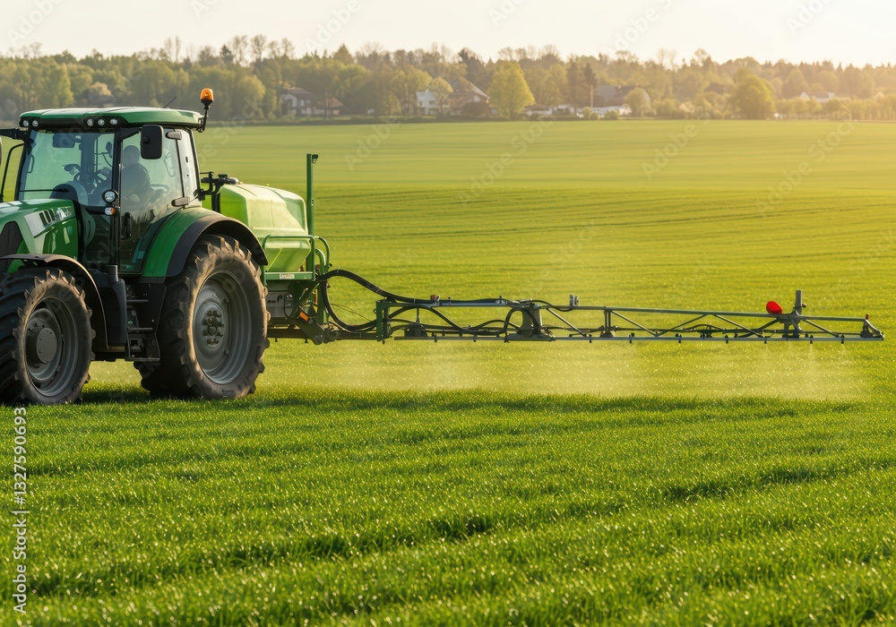 Obraz premium A modern tractor with a sprayer evenly processes a green field under the bright spring sun