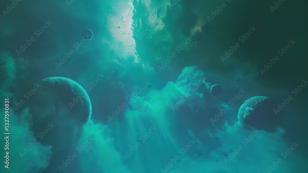 Fototapeta premium Celestial Bodies in a Nebula Cloudscape Planets and Cosmic Dust in Teal Hues