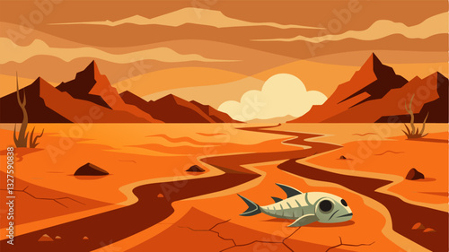 The relentless heat beats down on the desolate riverbed its cracked surface offering no relief. The dead fish mummified by the intense heat are a haunting sight in the lifeless. Vector illustration