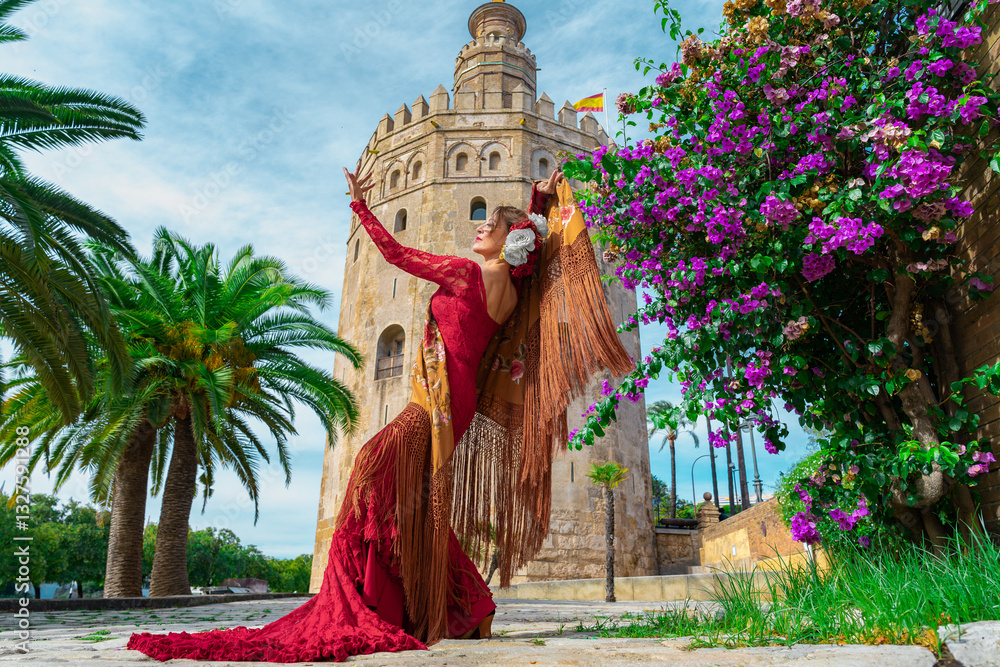Fototapeta premium Mujer típica española bailando flamenco con una torre medieval y el cielo a su espalda. Desde la ciudad de Sevilla, Andalucía, España, Europa.