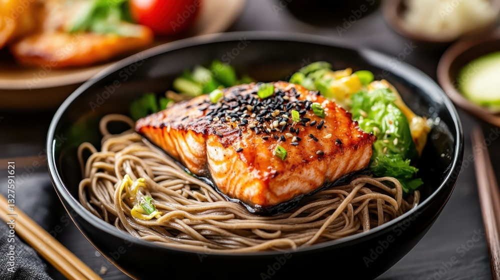 Grilled salmon on a bed of soba noodles served with vegetables and soy sauce in an elegant dining setting Grilled salmon on a bed of soba noodles served with vegetables and soy sauce in an elegant dining setting