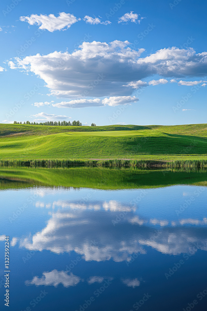 Obraz premium Serene landscape featuring green rolling hills and a clear blue sky reflected perfectly on a tranquil lake, creating a symmetrical and peaceful natural scene.