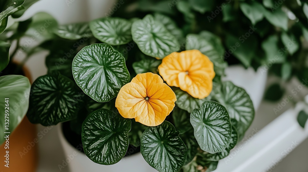 Obraz premium Potted plant with yellow flowers blooming indoors, foliage