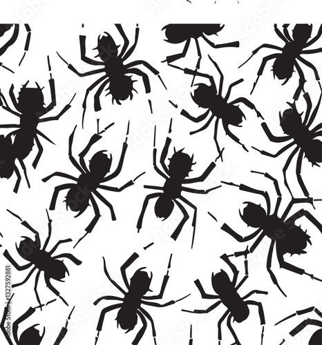 Illustration of halloween themed seemless tiled pattern wallpaper background of black spiders on white