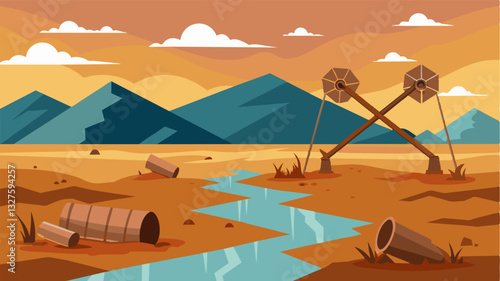 The remains of a rusty broken irrigation system lie tered across the parched riverbed serving as a haunting symbol of the impact of water scarcity on farming.. Vector illustration