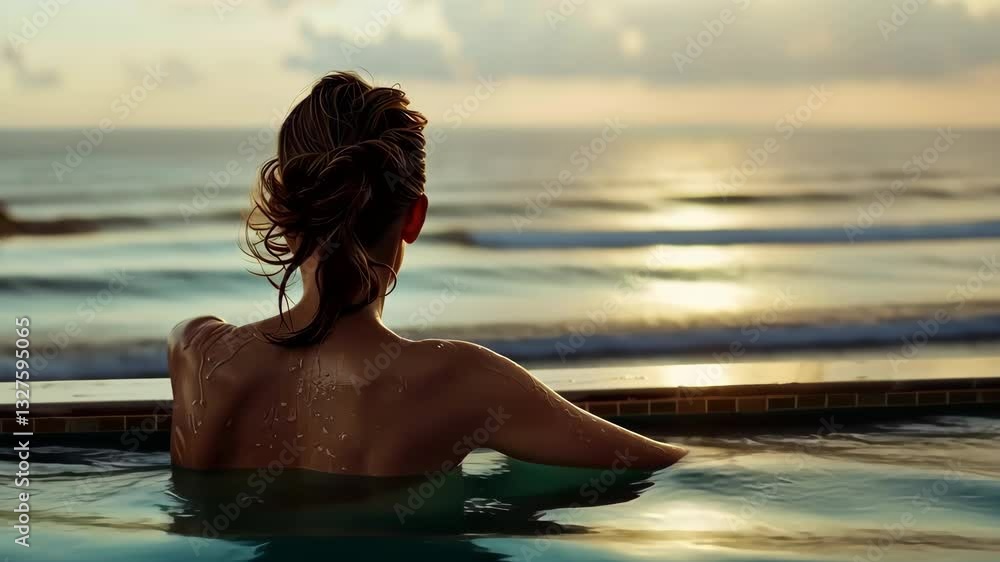 A woman enjoys a peaceful evening in a seaside hot tub, basking in the warm sunset glow and watching the rhythmic ocean waves, embodying blissful summer relaxation and contentment A woman enjoys a peaceful evening in a seaside hot tub, basking in the warm sunset glow and watching the rhythmic ocean waves, embodying blissful summer relaxation and contentment