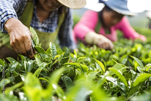 Two women are picking tea leaves in a field. One of them is wearing a blue shirt and the other is wearing a pink shirt