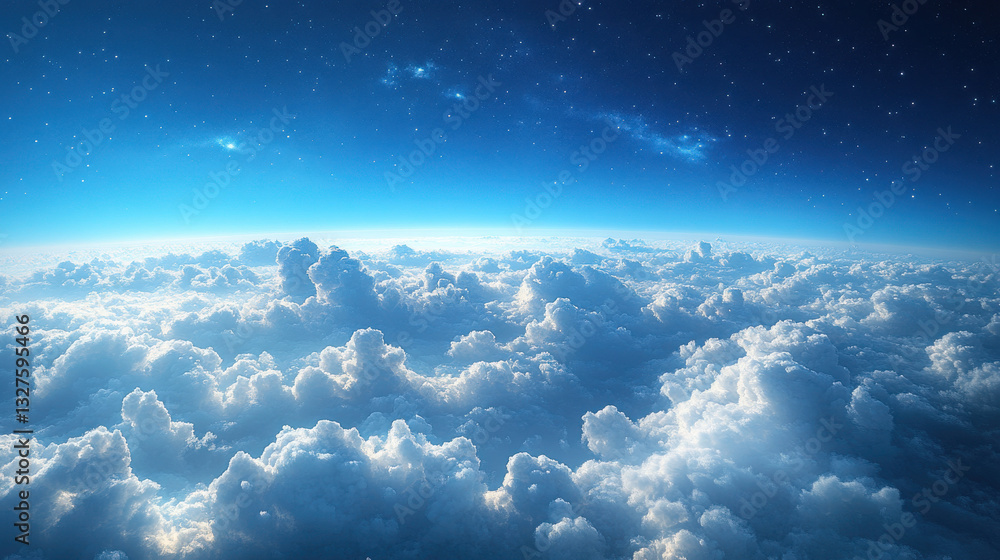 Naklejka premium Blue sky, white clouds, above the sea of clouds, simple background, white border.