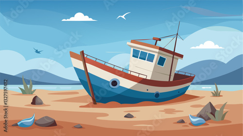 The once vibrant fishing boat now appears desolate and abandoned. The lack of fish has forced the fishermen to move on leaving their vessels behind as a haunting symbol of the. Vector illustration