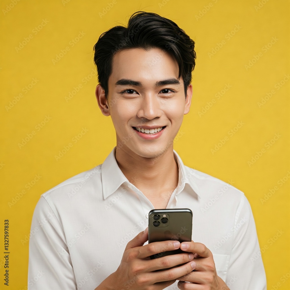 Cheerful and stylish man holding a smartphone with a bright yellow background for a vibrant look Cheerful and stylish man holding a smartphone with a bright yellow background for a vibrant look