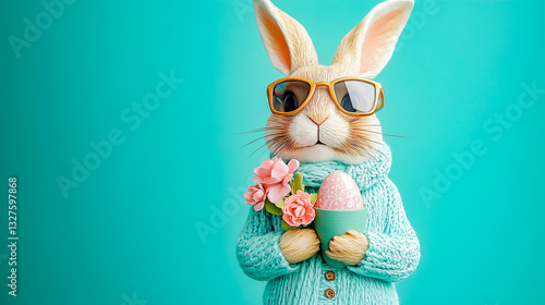 Obraz na płótnie Easter bunny in glasses, with easter egg in basket and bouquet of flowers isolated on turquoise plain gray background with copy space w salonie