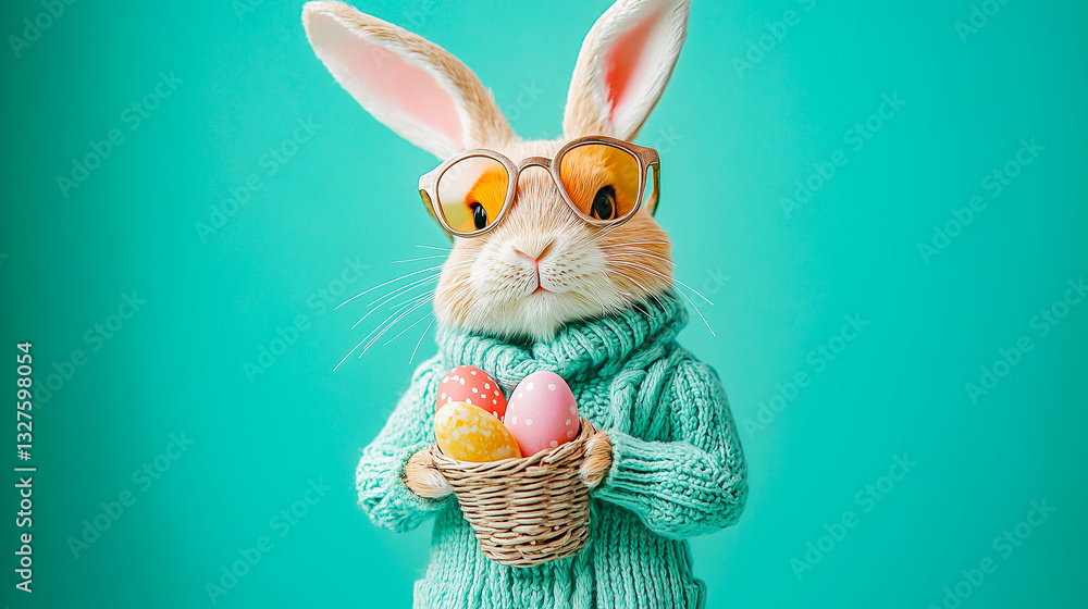 Easter bunny in glasses, with easter egg in basket and bouquet of flowers isolated on turquoise plain gray background with copy space